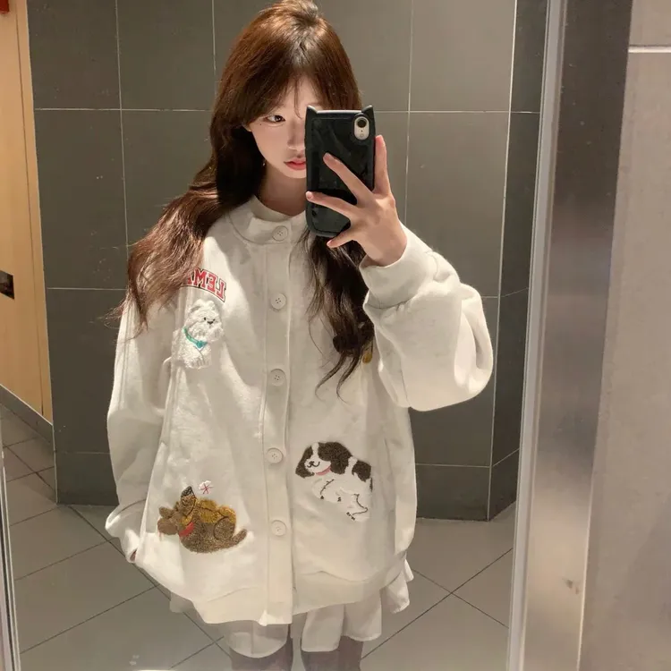 韩系甜美学院风刺绣秋冬季新款宽松卫衣女韩版开衫慵懒风卫衣外套