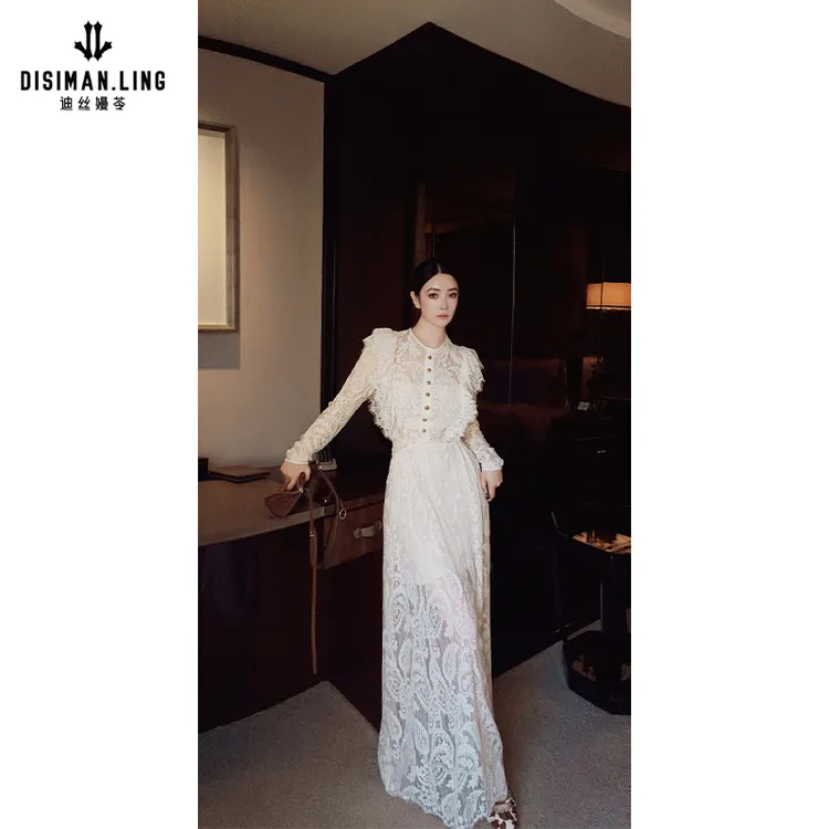 【迪丝嫚苓】杏色棉连衣裙气质复古法式原创设计蕾丝女士秋冬高级感