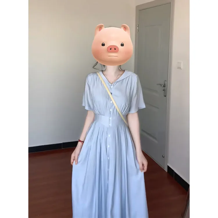 V领连衣裙女2025春夏新款韩系设计感收腰短袖气质中长款褶皱裙子