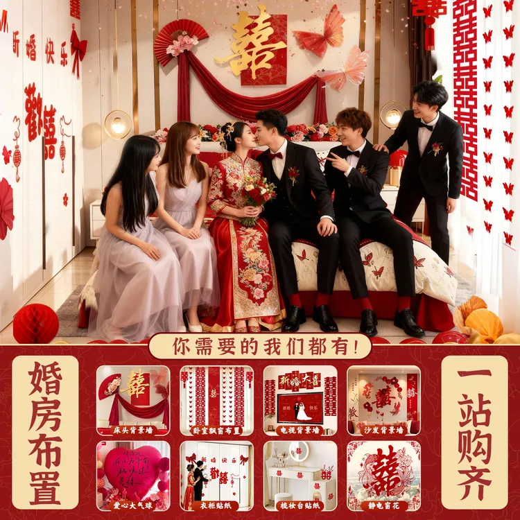 婚房氛围布置套装全套结婚新房装饰窗帘拉花婚礼男方女方卧室客厅