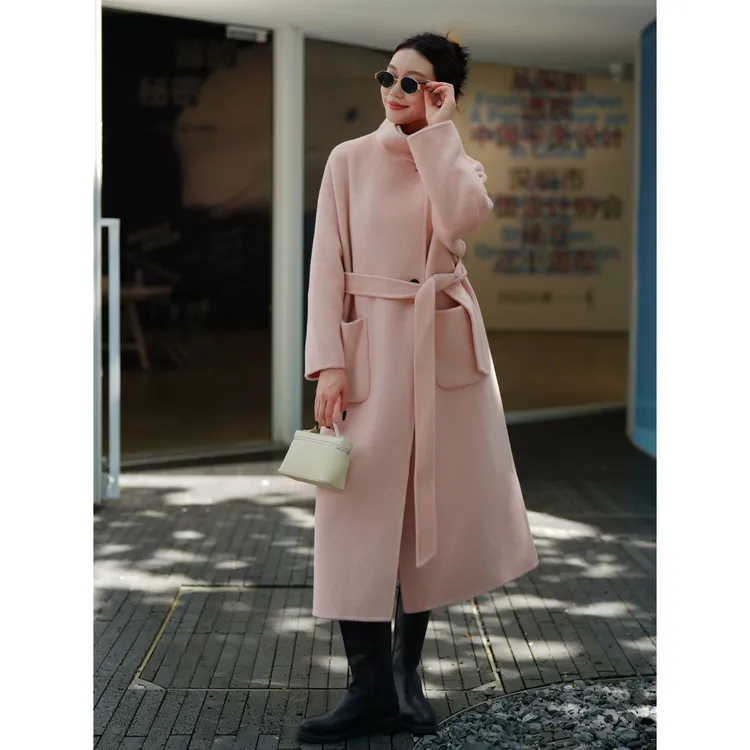 ZEROYK双面呢绵羊毛大衣女2025秋冬新款高级感立领宽松系带长外套