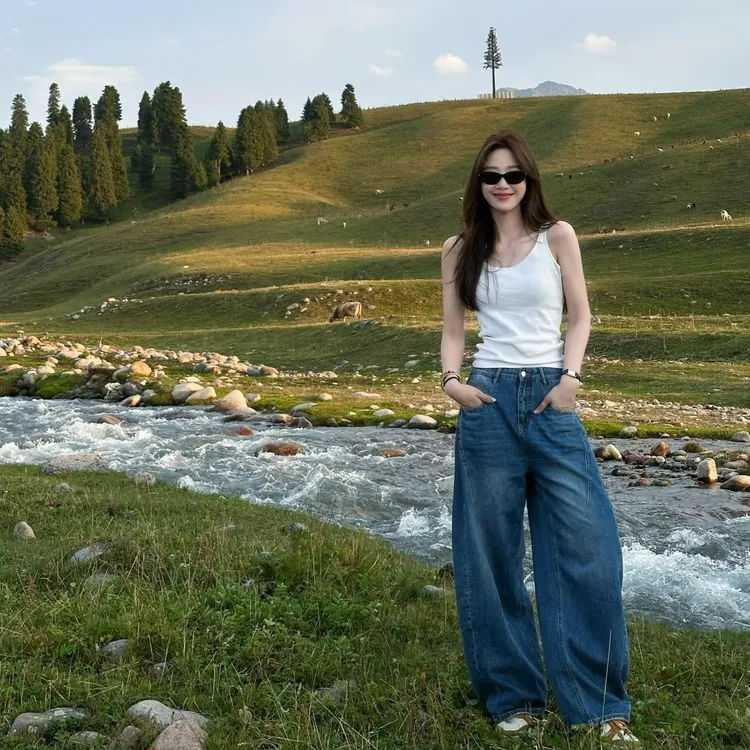 时尚气质穿搭女夏季韩系u领背心吊带无袖上衣宽松直筒牛仔裤长裤