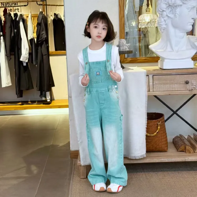 中大童薄荷绿背带裤设计感长袖直筒阔腿裤韩系潮