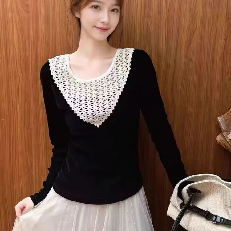 透气气质百搭常规款蕾丝长袖黑色镂空T恤拼接INS风洋气网红时尚
