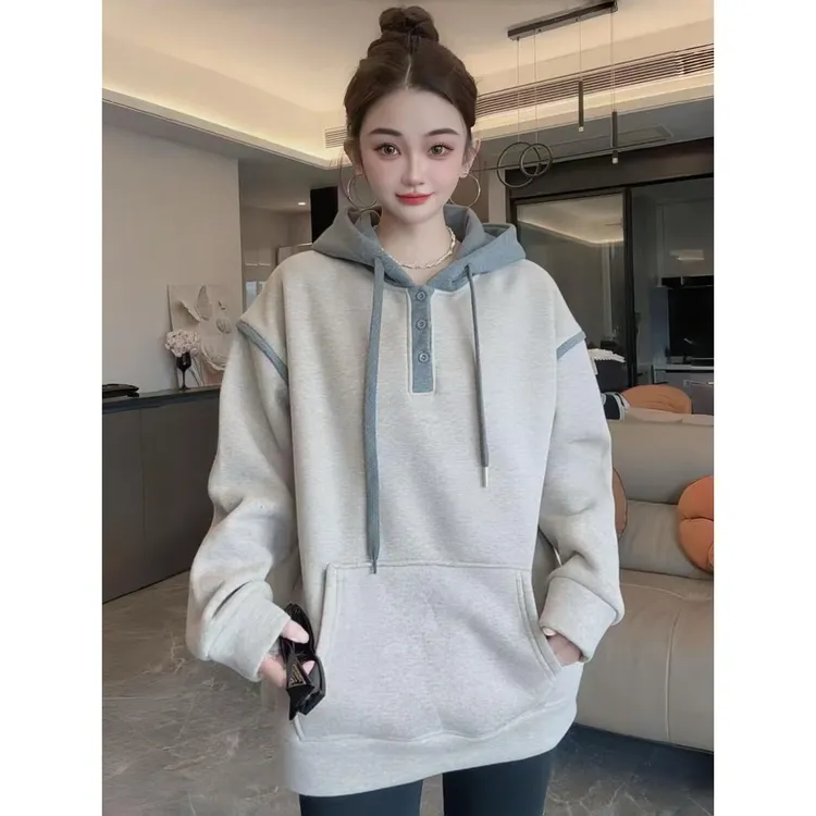 【半夏】2025冬季新款美式加绒连帽【三粒扣】拼接撞色卫衣中长款上衣
