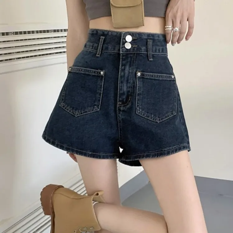 2025夏季新款单宁蓝牛仔短裤高腰A字板小个子宽松阔腿显瘦短裤008