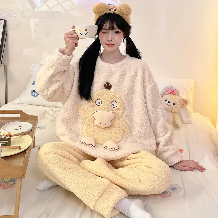 珊瑚绒睡衣女款秋冬季卡通加厚可爱鸭子长袖保暖半边绒家居服套装