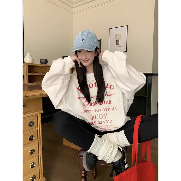 YWBY春秋新款学院风纯棉长袖上衣街头圆领t恤女时尚休闲宽松上衣