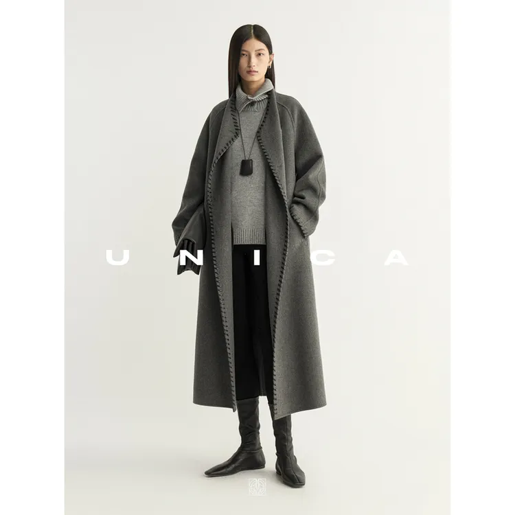 UNICA/经典001静奢重工手工羊皮绳100山羊绒双面呢长款短款大衣