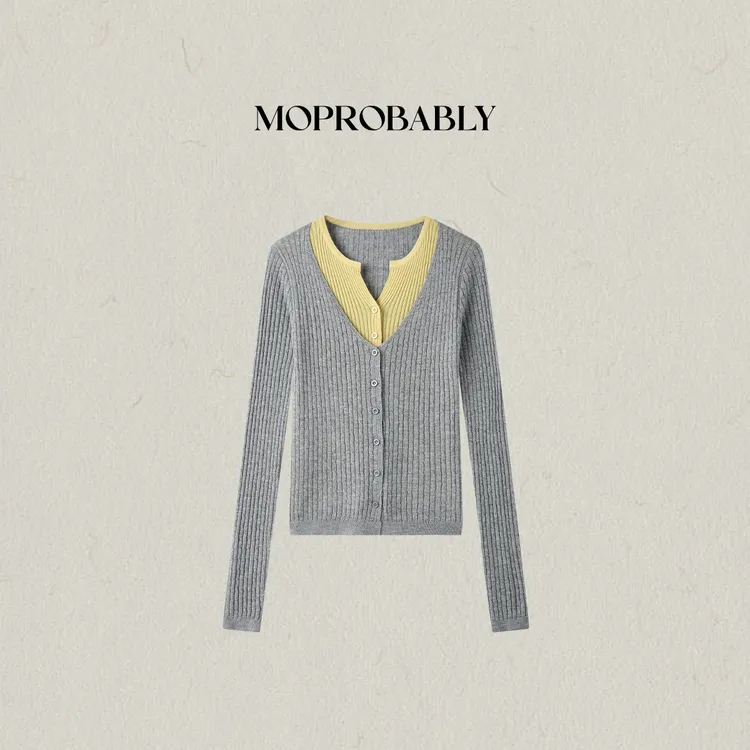 Moprobably李予诺「沐集」"绵羊毛"韩系撞色假两件针织衫L5477042