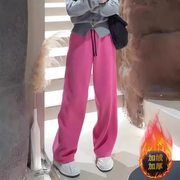 粉色加绒加厚运动裤子女款爆款2025新款今年流行宽松阔腿裤卫裤
