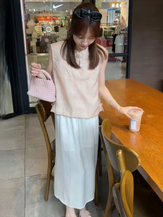 新中式国风提花无袖上衣女时尚洋气时髦轻奢高级感盘扣衬衫小衫潮