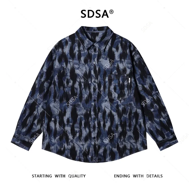 SDSA秋冬新款痞帅男装嘻哈复古撞色印花纽扣翻领长袖衬衫百搭衬衣
