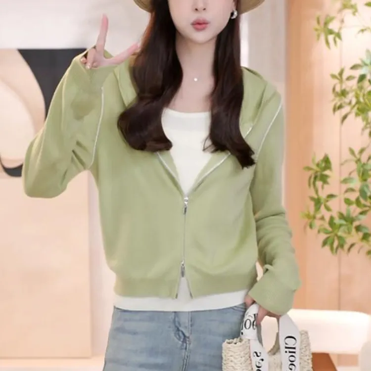 设计感双拉链假两件开衫女2025秋冬新款时尚洋气减龄连帽上衣女