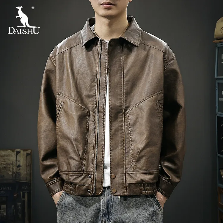 Dai Shu/袋鼠美式复古做旧PU皮夹克男秋季宽松休闲飞行员皮衣外套