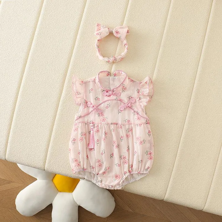 夏季新生儿包屁衣女宝宝碎花国风连体衣可爱洋气中式盘扣三角爬服