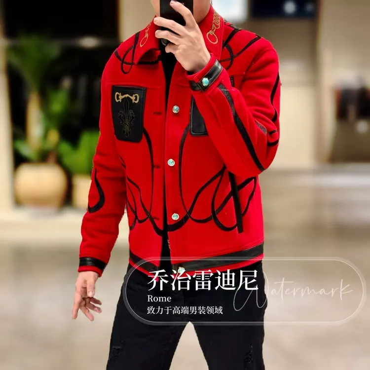 【乔治·雷迪尼】100%羊毛真皮拼接全身刺绣男士夹克羽绒服8037