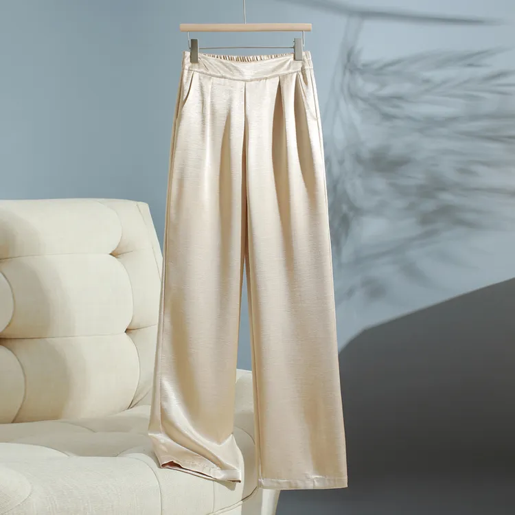 桑蚕丝直筒裤589夏季必备女神裤高腰松紧腰贵妇裤显瘦显高阔腿裤