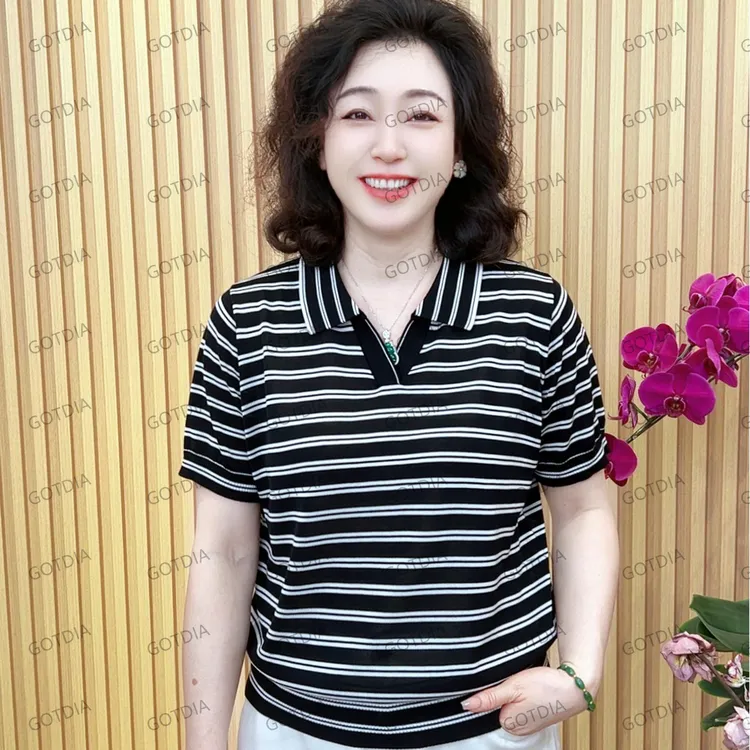 【经典翻领条纹短袖】100%莱赛尔兰精天丝（2566）大码女装夏季宽松