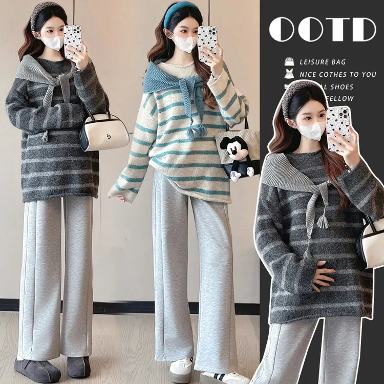 孕妇上衣2026秋冬宽松韩系条纹上衣披肩孕妈针织毛衣时尚孕妇装