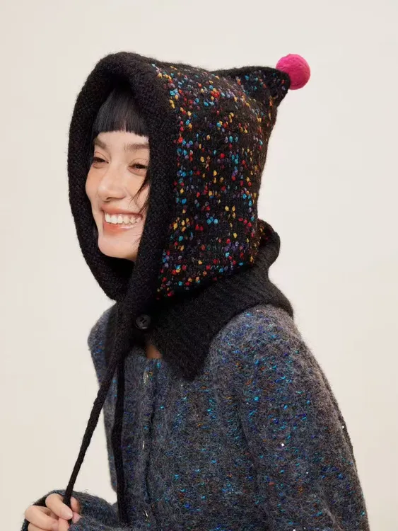 高品质冬季羊毛精灵毛球巴拉克拉法帽子女大头围时尚针织百搭保暖