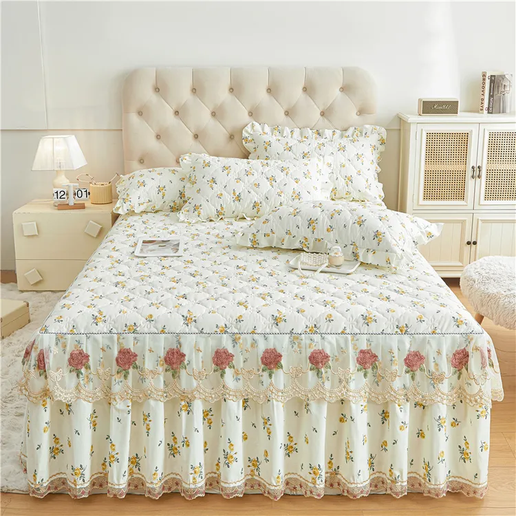 全棉夹棉床裙加厚床罩公主风防滑遮丑防尘床套四季用纯棉床品蕾丝