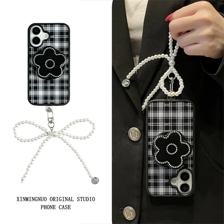 黑白格纹闪钻磁吸支架蝴蝶结适用苹果16pro手机壳iPhone15pro新14