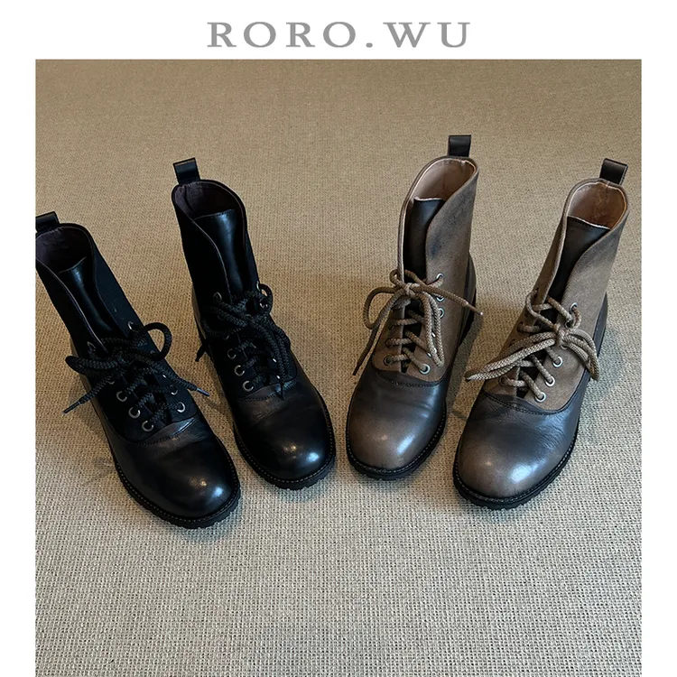娆娆吴·头层牛皮经典复古英伦风系带短筒马丁靴时尚百搭女靴X470
