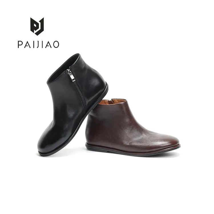 复古极简羊皮时装靴休闲圆头侧拉链百搭平跟短筒皮靴女靴XC1105-1