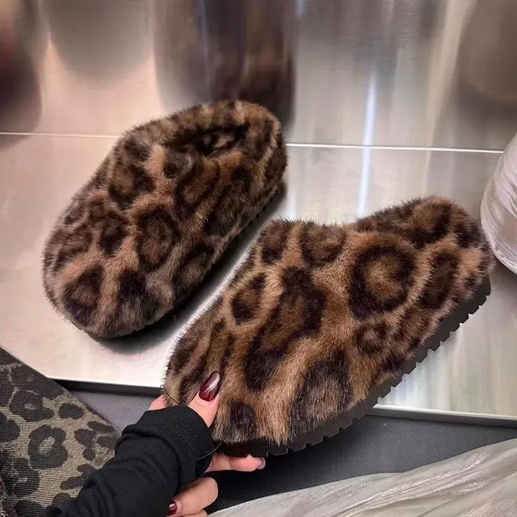 增高6cm厚底豹纹包头棉拖鞋女外穿2025秋冬新款高跟毛毛鞋高级感