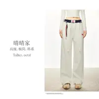  晴晴家-【复古丝巾】秋季韩系百搭通勤小标绑带撞色腰直筒裤1141