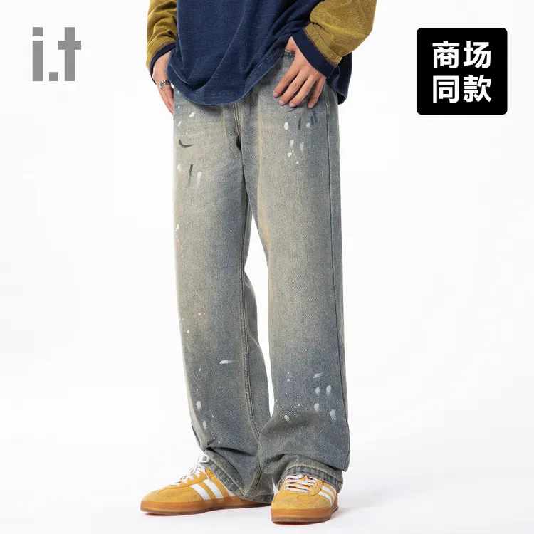 I.T潮牌CHOCOOLATE水洗做旧牛仔休闲裤男士泼墨点缀设计长裤子女