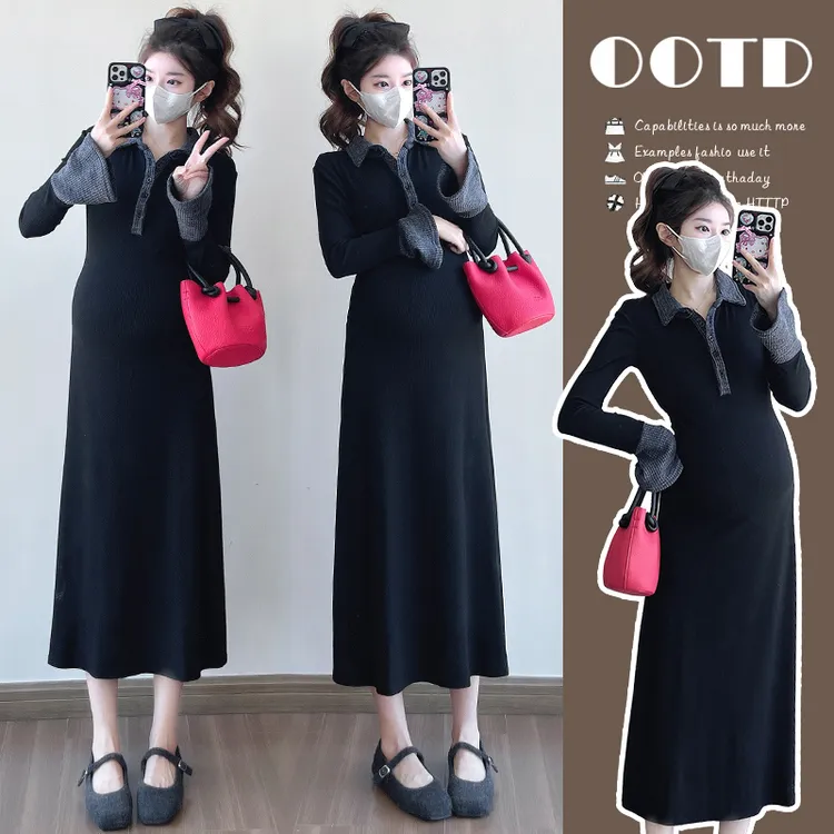 孕妇春季连衣裙2025新款简约时尚气质孕期裙子中长款过膝修身长裙