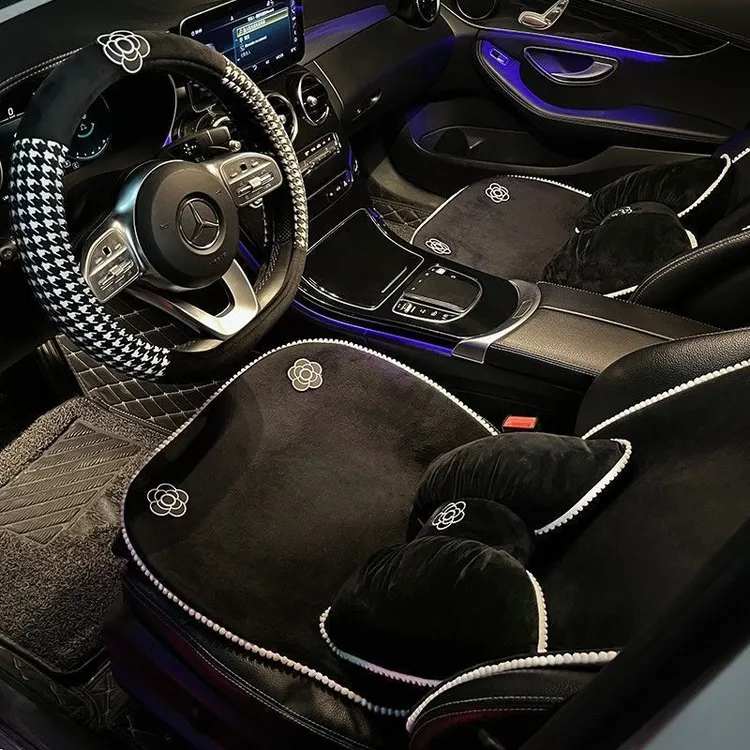 冬季毛绒通用小蛮腰透气汽车坐垫女款轻奢车内装饰车载山茶花座套