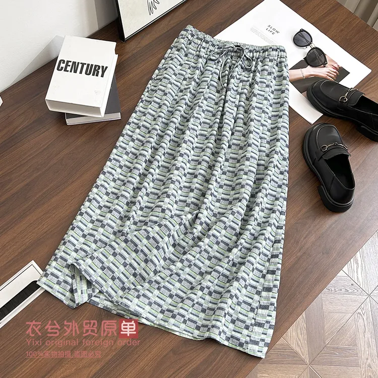 (衣兮度假风棉麻半身裙)8662夏季时尚撞色清新小格休闲半身裙W