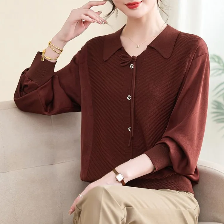 新中式冰丝针织衫上衣女春秋妈妈装宽松t恤中老年女翻领时尚套装