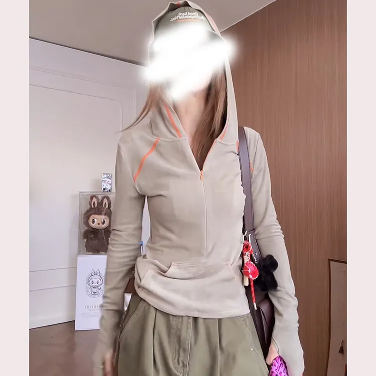 新款秋季小众设计撞色线连帽长袖上衣LK2506361