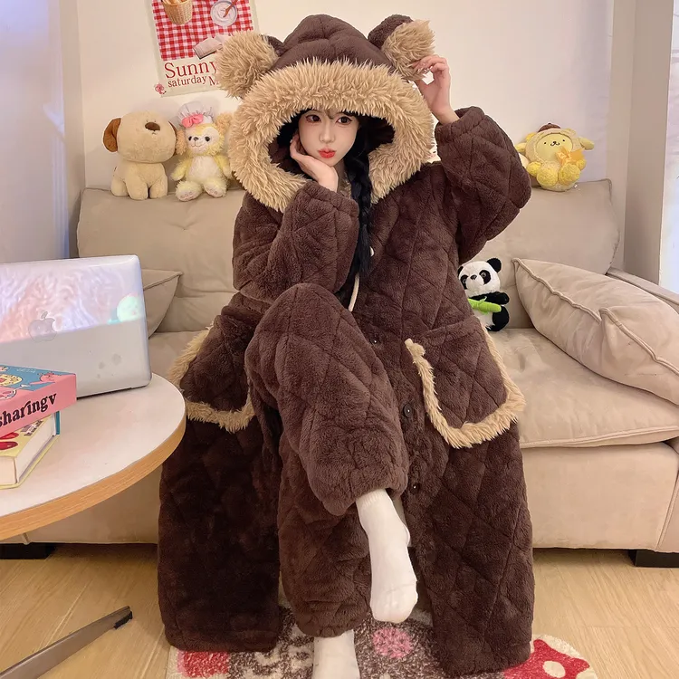 法兰绒睡袍女冬加厚加绒珊瑚绒三层夹棉2025新款睡衣家居服两件套