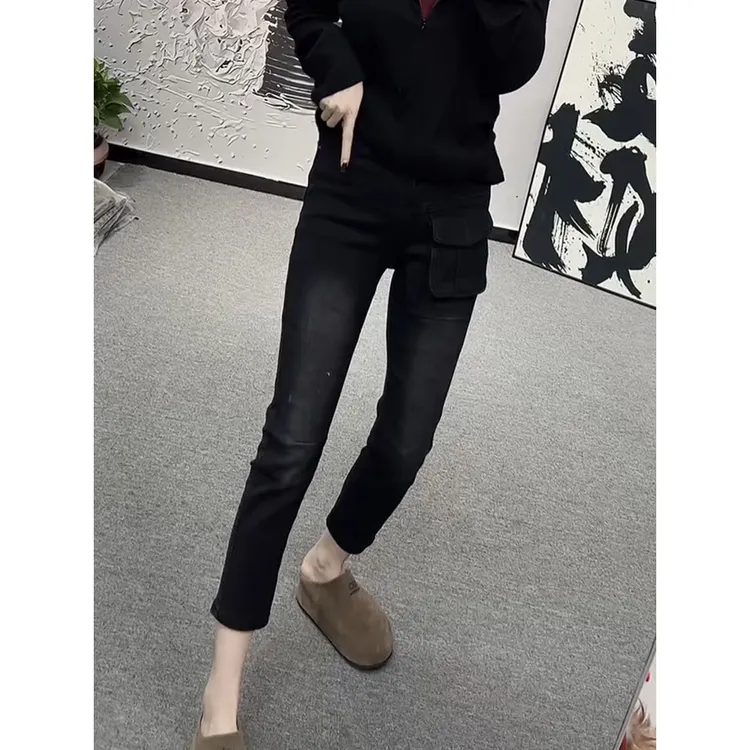 2025年早秋新款百搭牛仔烟管裤女大码洋气显瘦弹力九分直筒铅笔裤