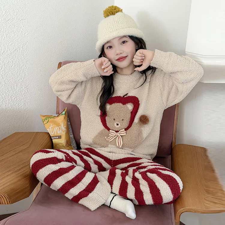 女童睡衣秋冬季2025新款儿童半边绒家居服套装大童苹果熊条纹冬装