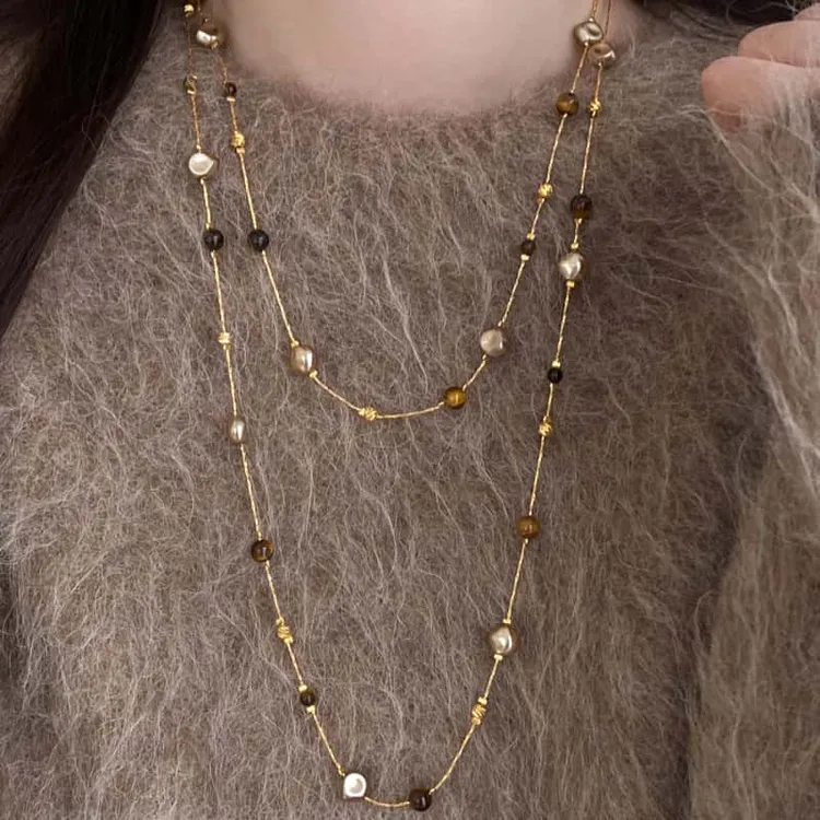 铜仿珍珠项链 美拉德虎眼石珍珠项链女秋冬百搭高级感长款毛衣链 