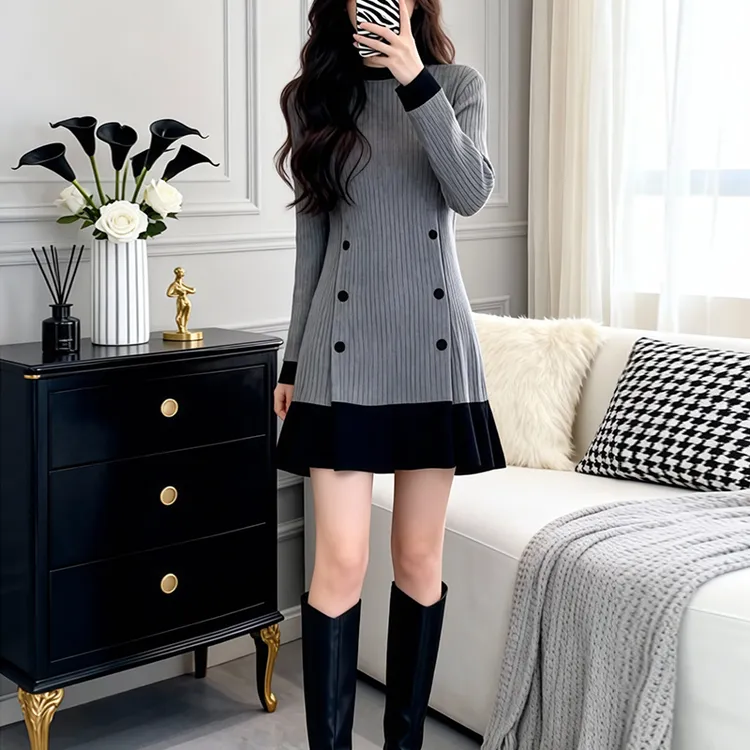大码胖mm连衣裙女秋冬款法式撞色针织裙显瘦高级感气质毛衣小短裙