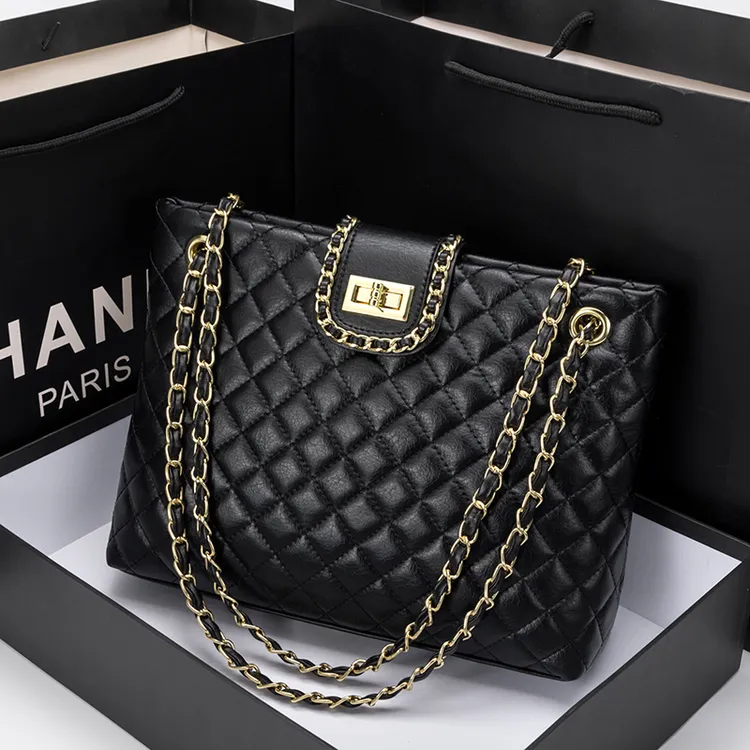 轻奢牛皮包包女2025新款潮流大容量女包小香风菱格链条包托特包