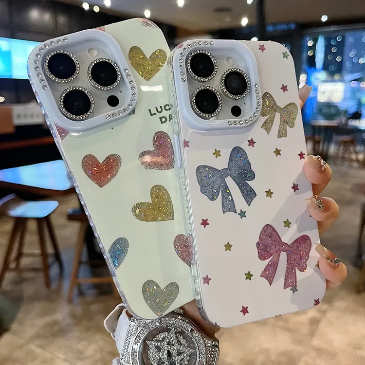 适用苹果系列iPhone16新款手机壳小众彩色爱心钻石镜框闪钻镜头膜