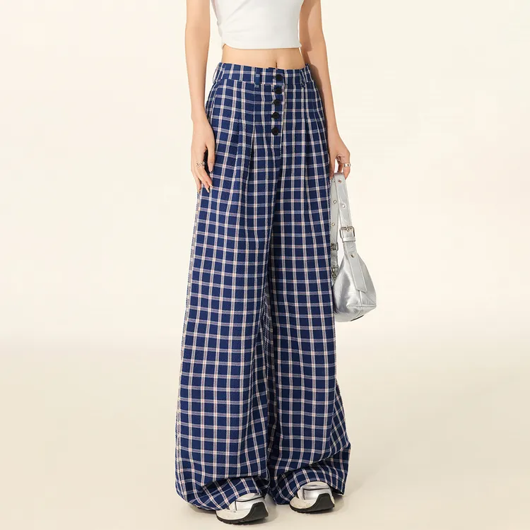 小个子蓝色格子直筒阔腿休闲裤女早秋款梨形身材高腰宽松显瘦长裤