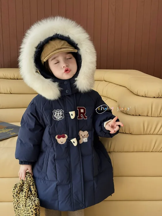 【橙小七】90新国标白鸭绒藏青色粉色儿童过膝羽绒服XQ55536