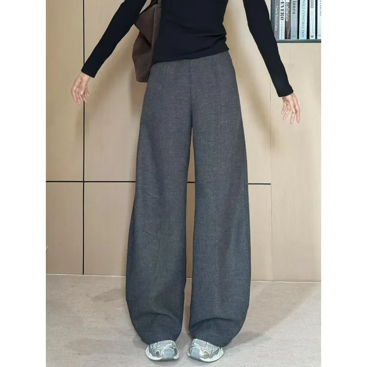 灰色毛呢秋冬垂感阔腿裤女新款高腰休闲人字纹显瘦直筒裤AM25709