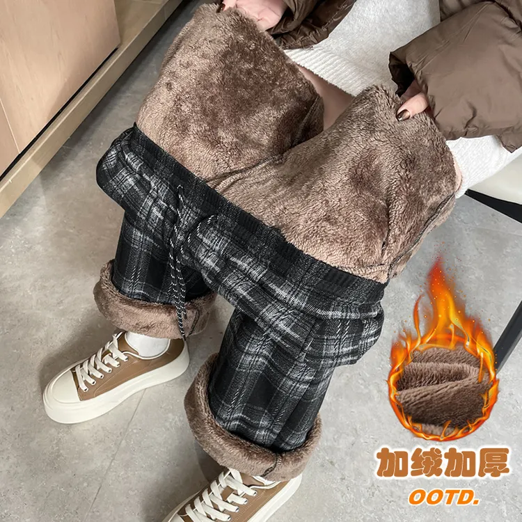 格子秋冬加绒裤子女士冬季休闲东北特厚羊羔绒保暖棉裤直筒阔腿裤