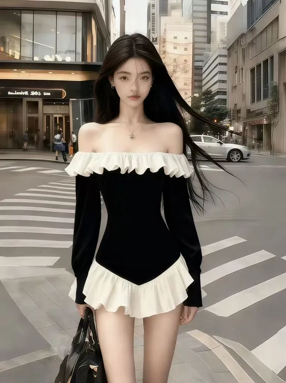 静奢时尚纯欲风氛围感撞色一字领露肩长袖修身收腰设计感连衣裙女