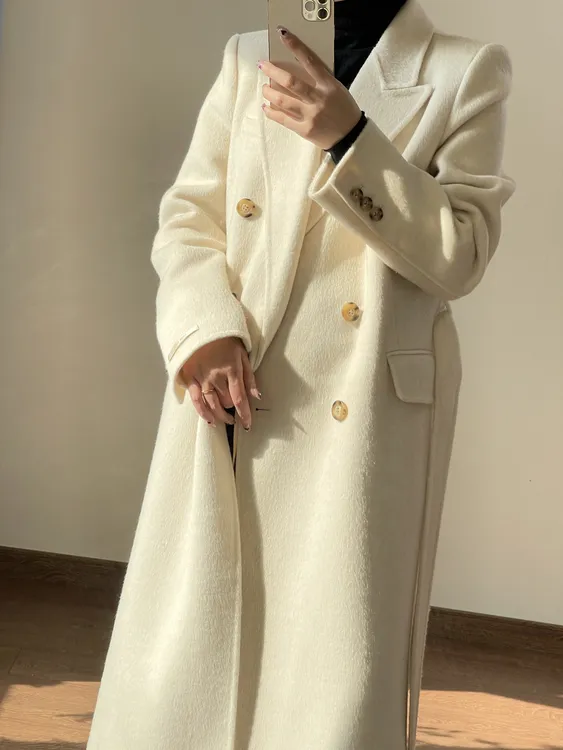 正肩纯白色大衣双面长款毛呢新百搭网红女秋冬西装气质中长款韩版